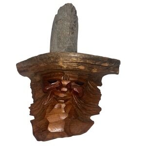 Rustic Wood Carving Gnome Wizard Face Folk Art Wall Sculpture Decor